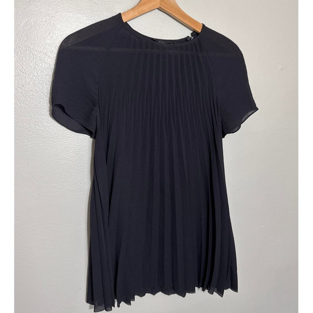 Women's Size EUR 34/US 2 COS Pleated Sheer Chiffon Black Short Sleeve Blouse